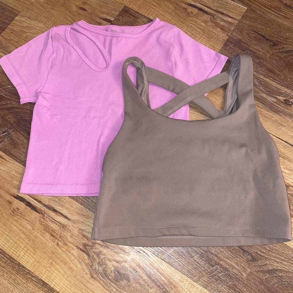 Aura and Jockey Workout Bra and Shirt Both Medium Pink Brown Athletic Stretch